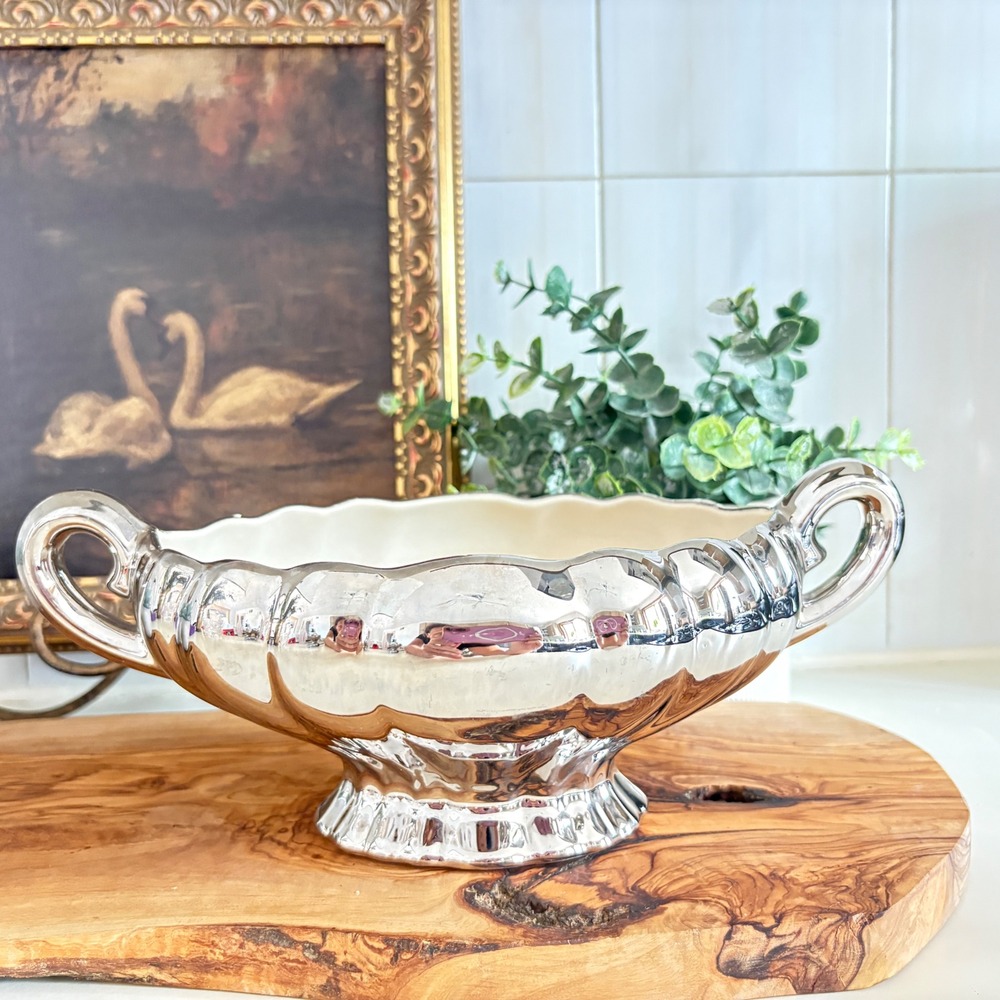 Vintage Platinum Glazed Ceramic Pedestal Bowl Double Handle Hollywood Regency